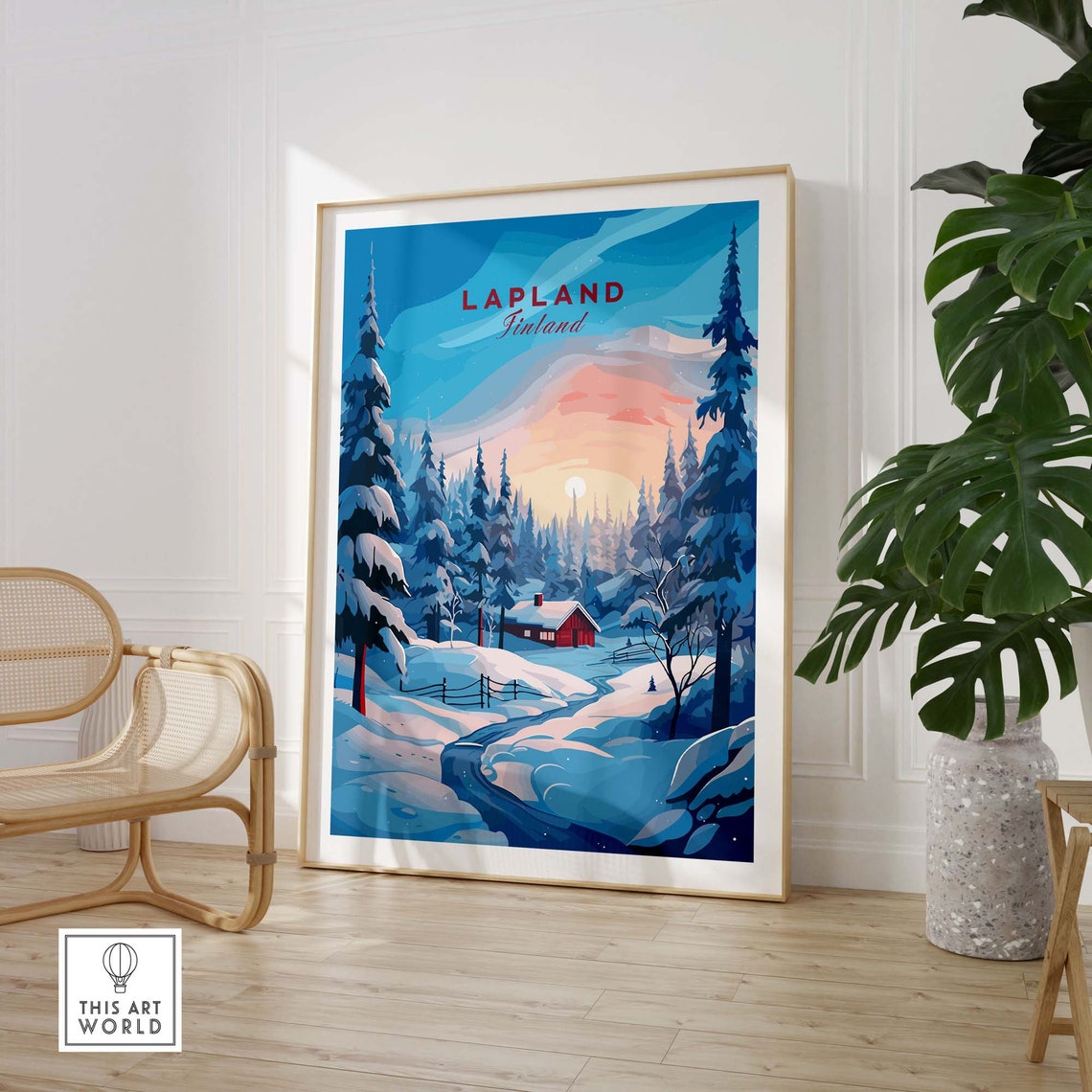 Lapland Finland Snowy Winter Forest Cabin Sunset Scenic Poster - Image 3
