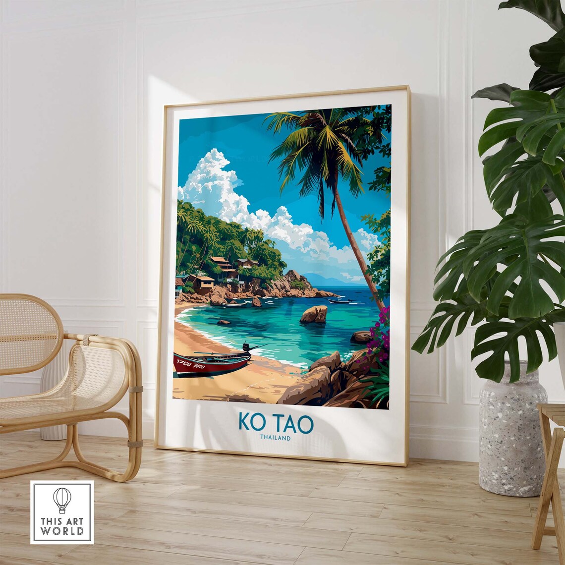Ko Tao Thailand Tropical Beach Longtail Boat Palm Art Poster - Image 3