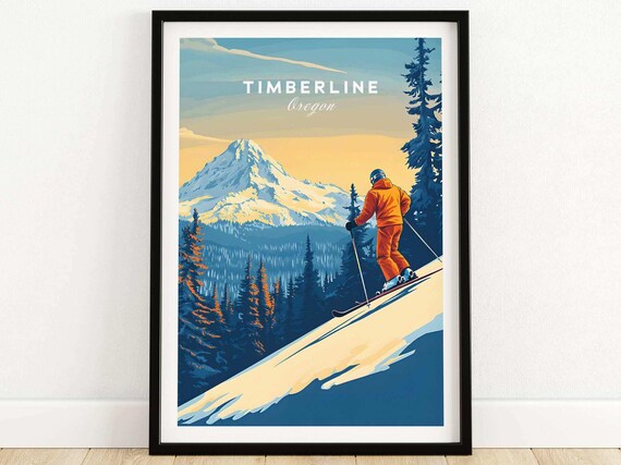 Timberline Oregon Ski Travel Poster with Skier and Snowy Mountain