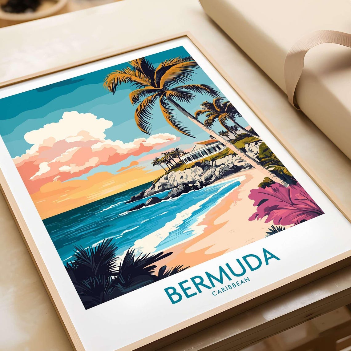 Bermuda Caribbean Sunset Beach Palm Trees Pink Sky Travel Poster