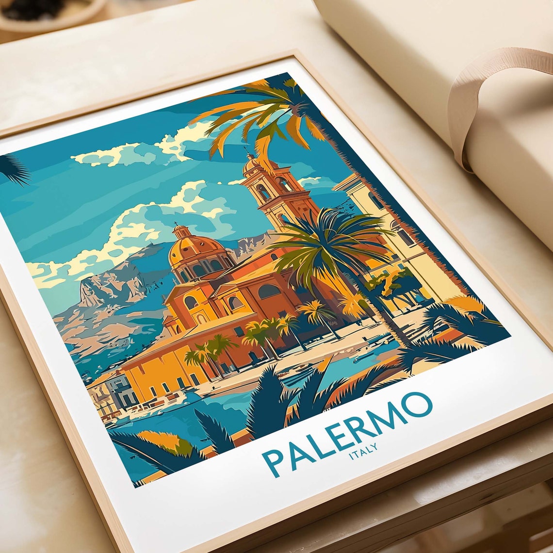 Palermo Italy Cathedral Palm Fronds Waterfront Street View Poster