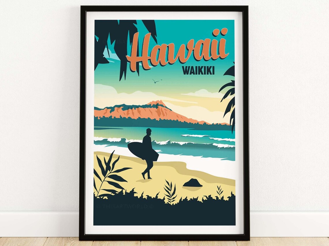 Waikiki Travel Poster, Hawaii Beach Art Print