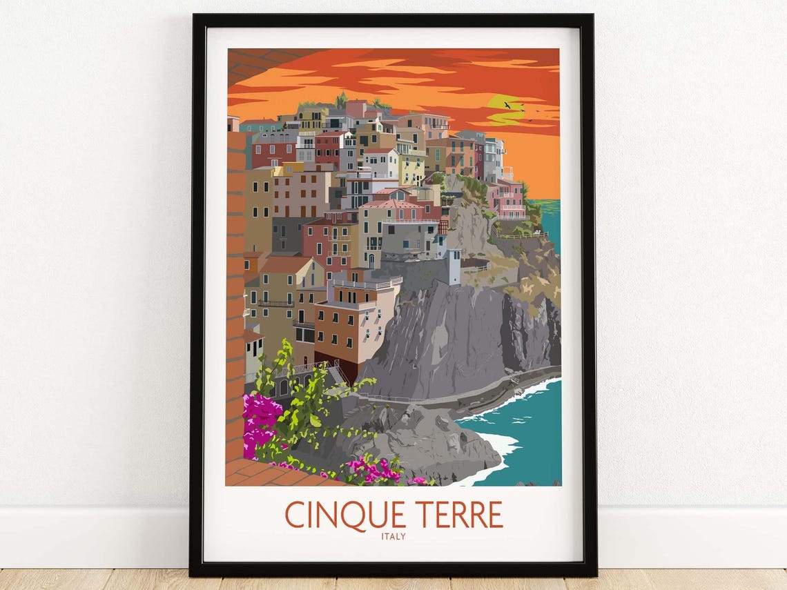 Cinque Terre Italy Sunset Cliffside Village Vintage Travel Poster