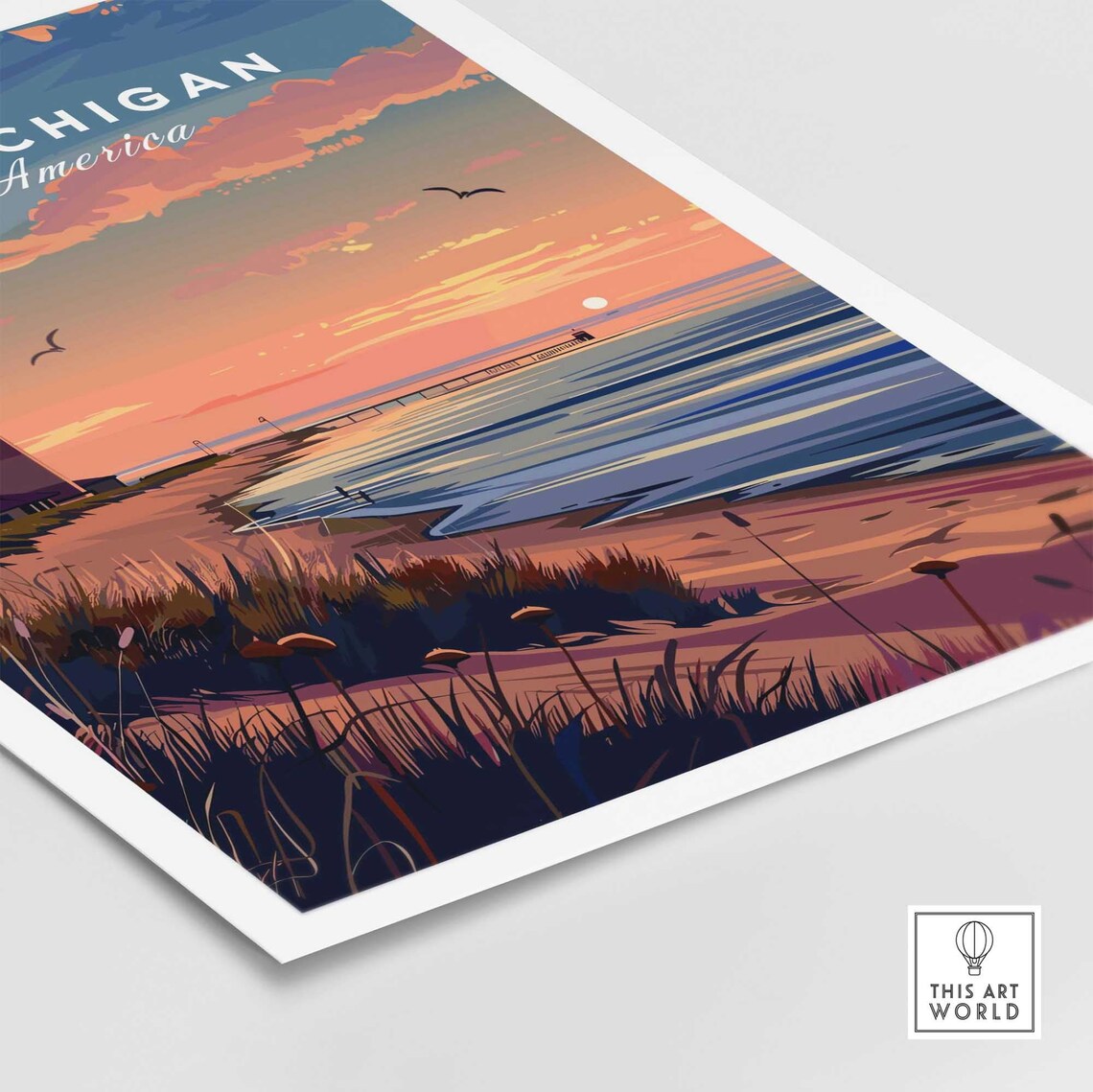 Lake Michigan North America Sunset Lighthouse Pier Birds Poster - Image 4