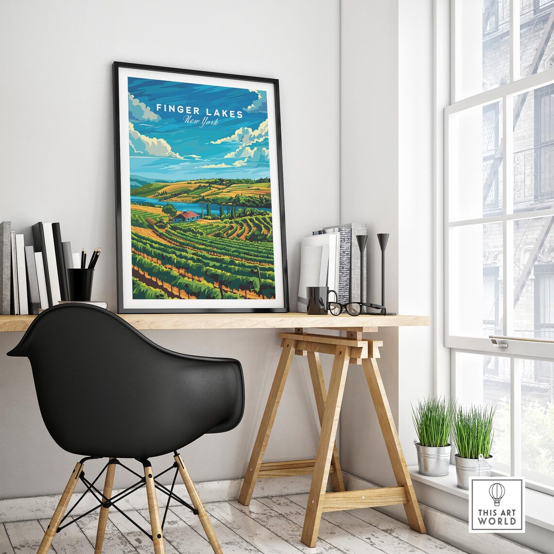Finger Lakes New York Vineyard Hills Travel Illustration Poster - Image 4