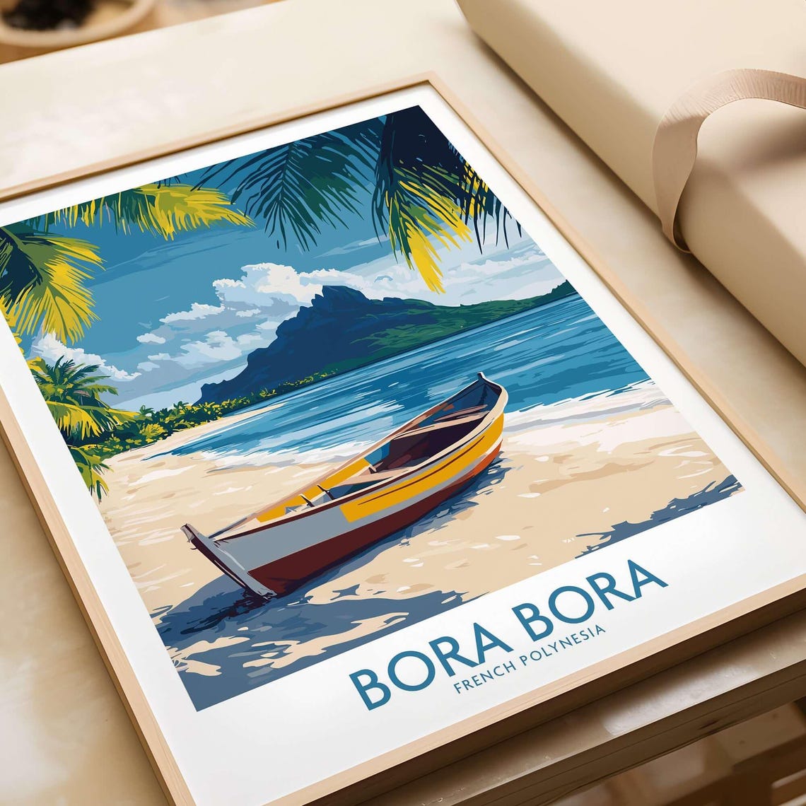 Bora Bora French Polynesia Wooden Boat Beach Palms Travel Poster