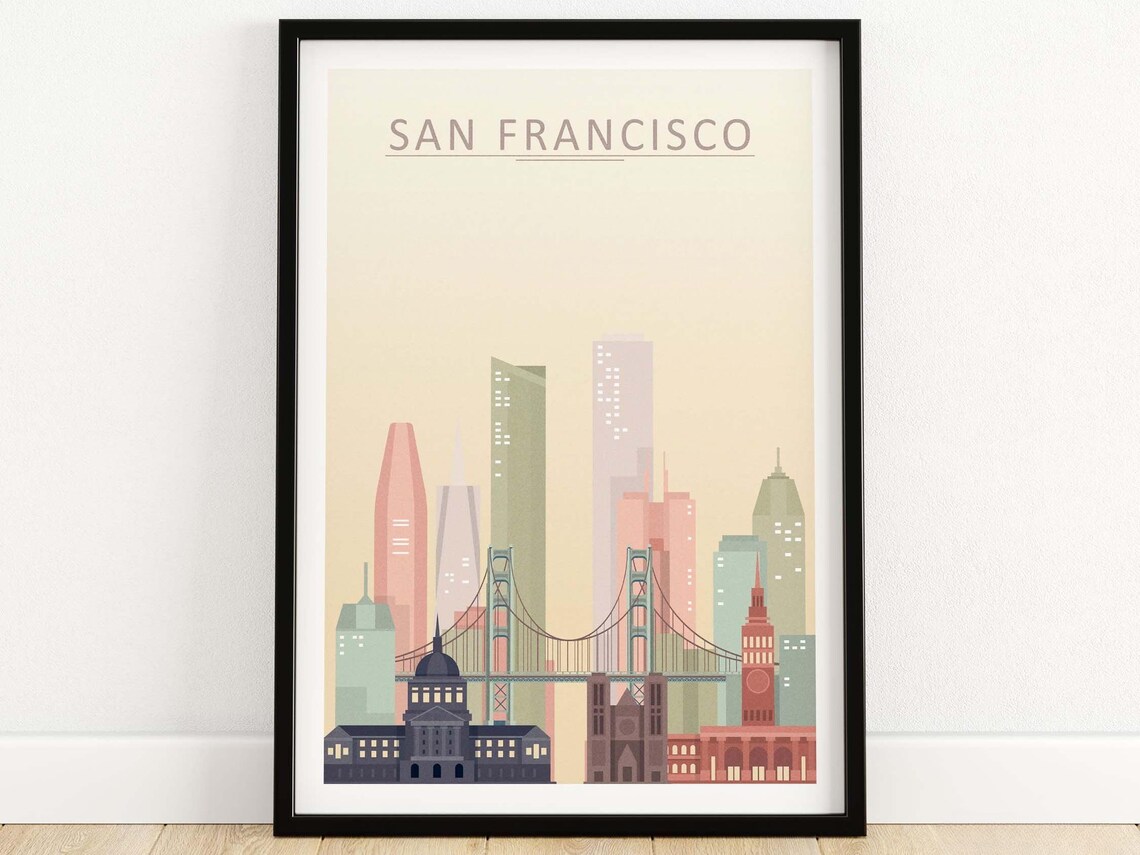 San Francisco Skyline Art Print, California Travel Poster