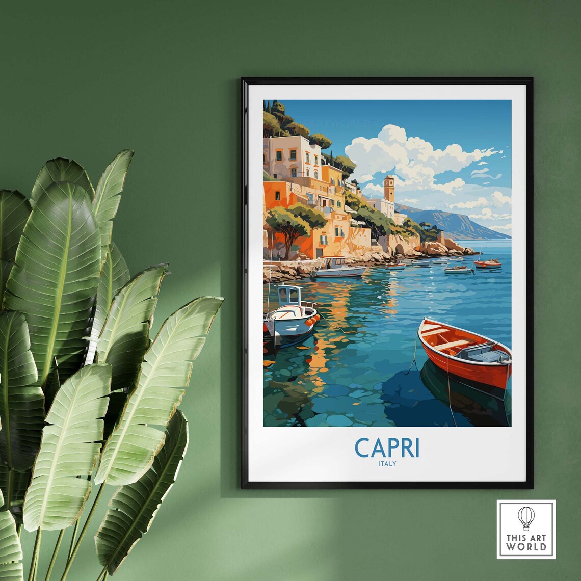 Capri Italy Harbor Fishing Boats Cliffside Village Seascape Poster - Image 2