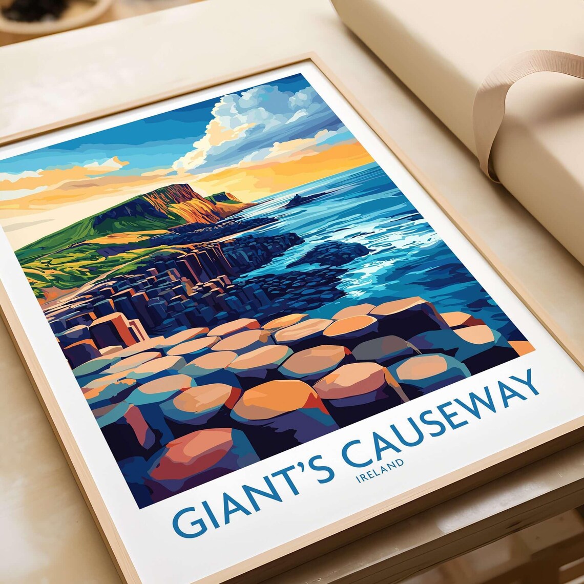Giants Causeway Ireland Basalt Columns Sunset Vintage Travel Poster