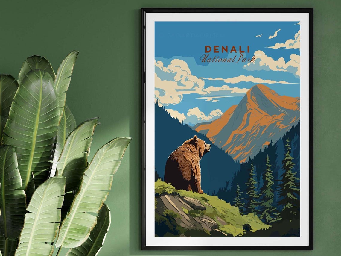 Denali National Park Bear Gazing at the Mountain Range Travel Poster