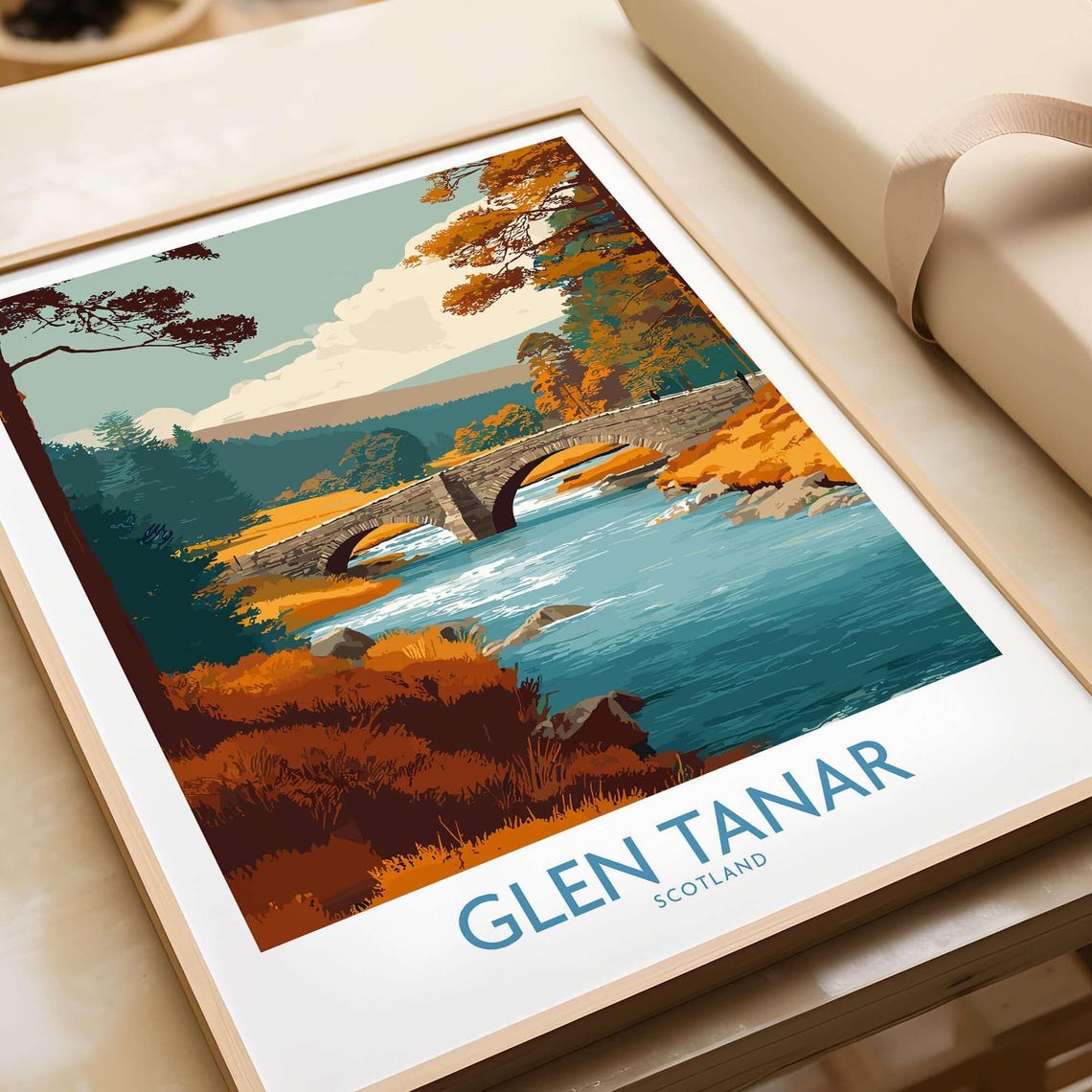 Glen Tanar Autumn Stone Bridge River Scotland Illustration Poster