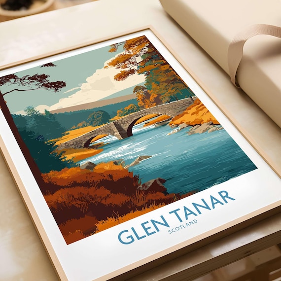 Glen Tanar Autumn Stone Bridge River Scotland Illustration Poster