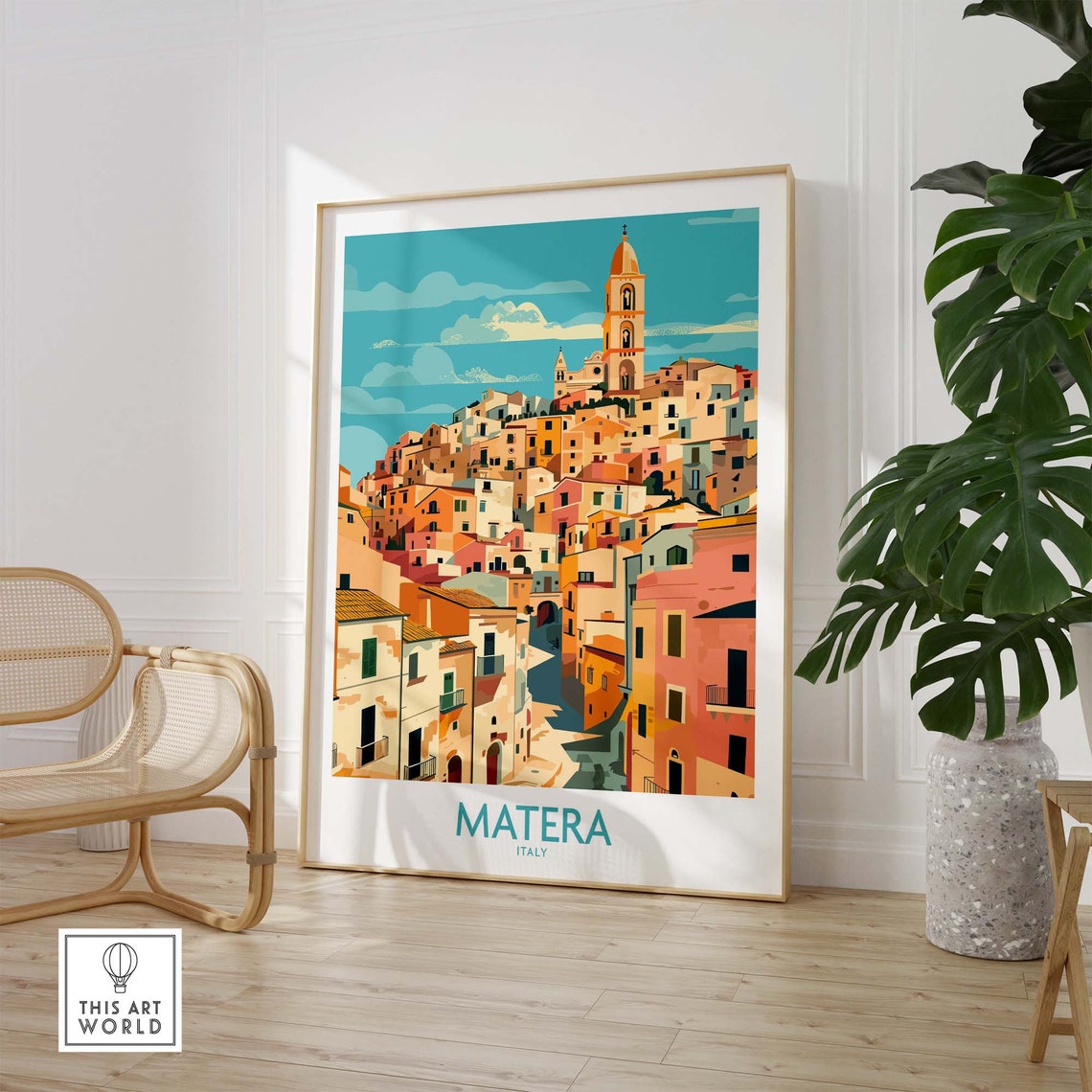 Matera Italy Colorful Cliffside Old Town Bell Tower Travel Poster - Image 2