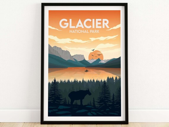 Retro Glacier National Park Sunset Lake Mountain Goat Poster