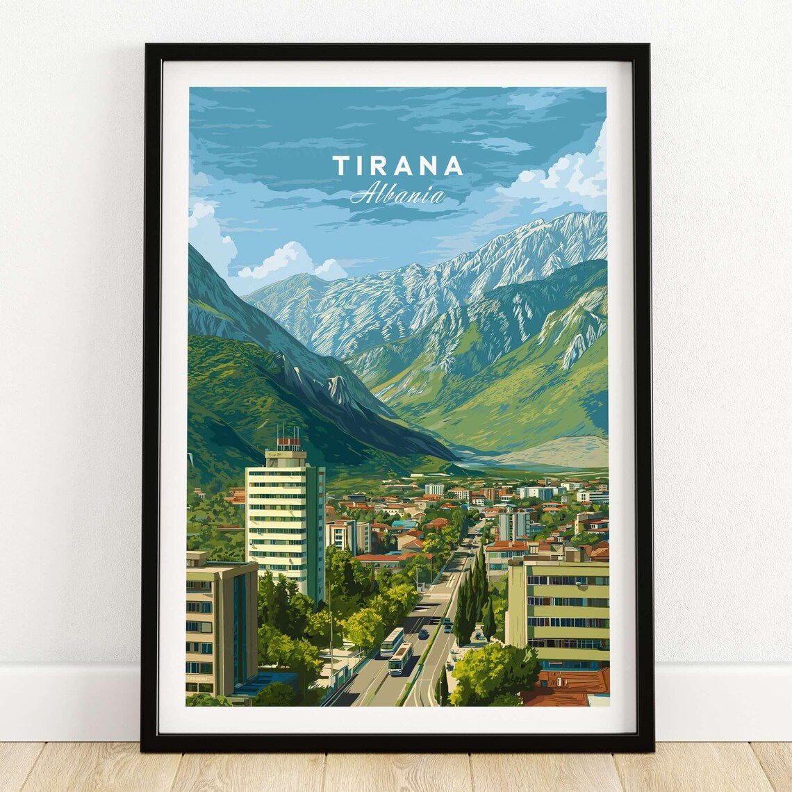 Tirana Albania Vintage Travel Poster With Mountain City View