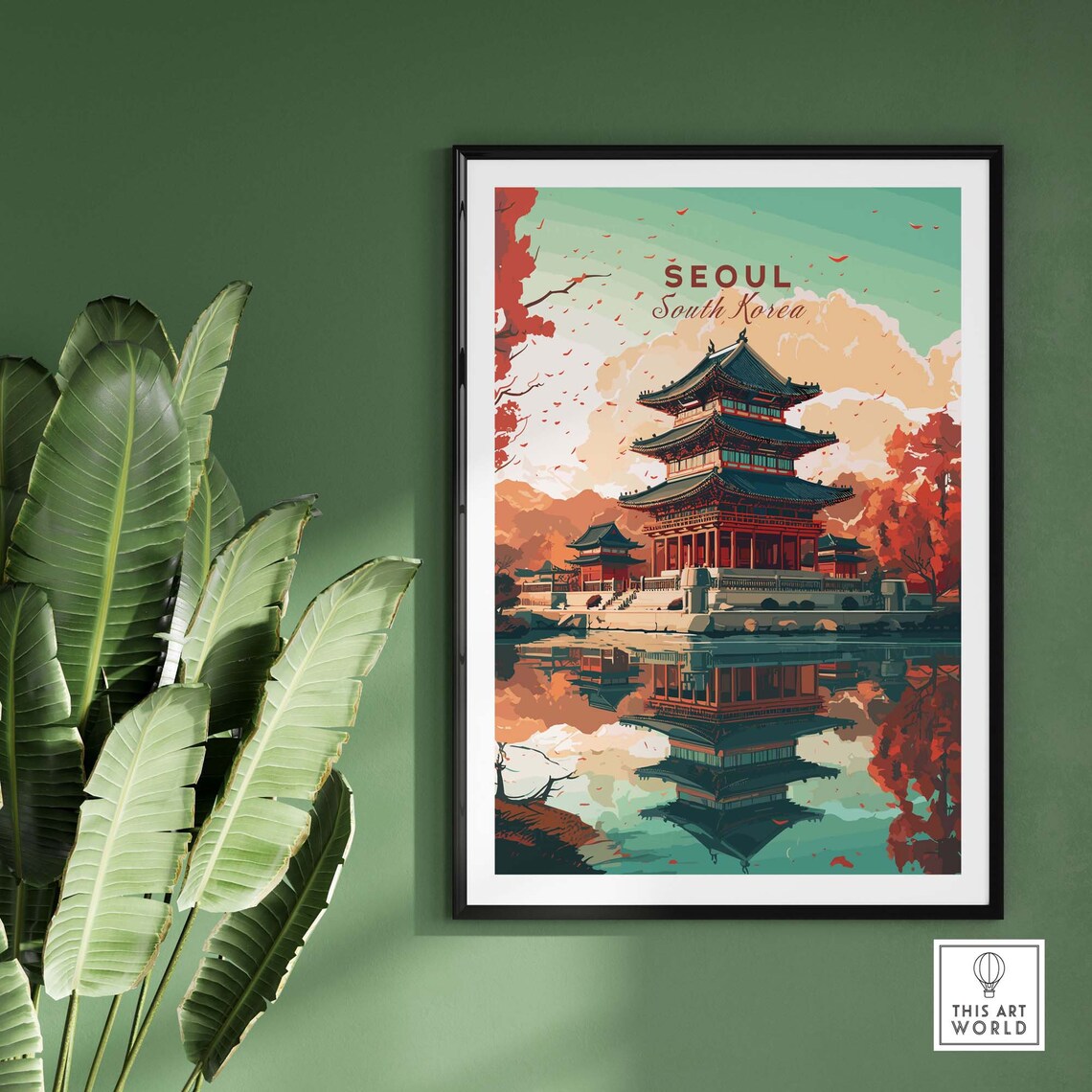 Seoul South Korea Autumn Temple Reflection Travel Art Poster - Image 2