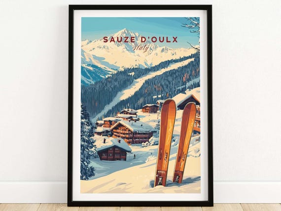 Sauze Doulx Ski Art Print Italy Lodge Wall Home Decor Skiing Gift House Winter Sport Room Chalet
