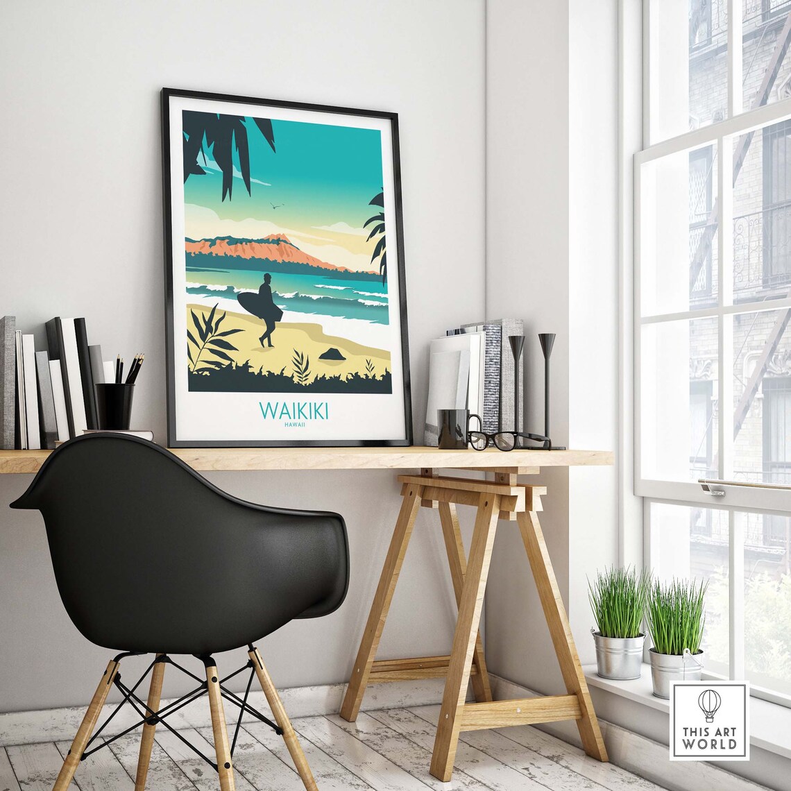 Waikiki Hawaii Surfer Diamond Head Beach Sunset Travel Poster - Image 4