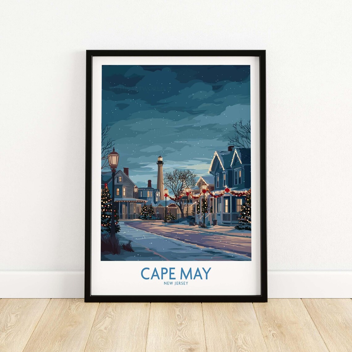 Cape May Starry Night Christmas Snowy Village Street Scene Poster