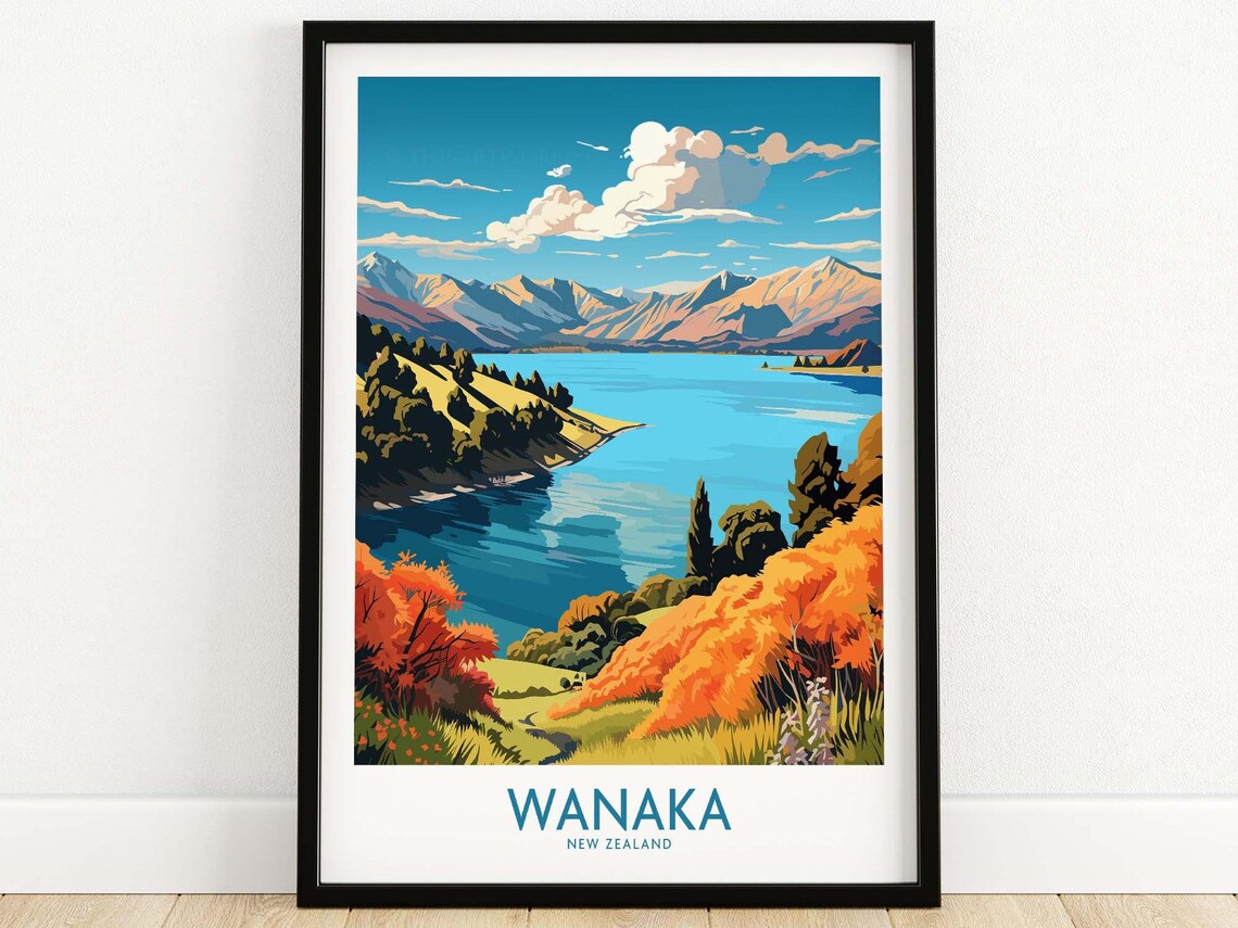 Wanaka New Zealand Autumn Lake Mountain Landscape Travel Poster