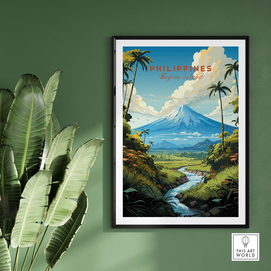 Philippines Negros Island Volcano River Palms Vintage Travel Poster - Image 2