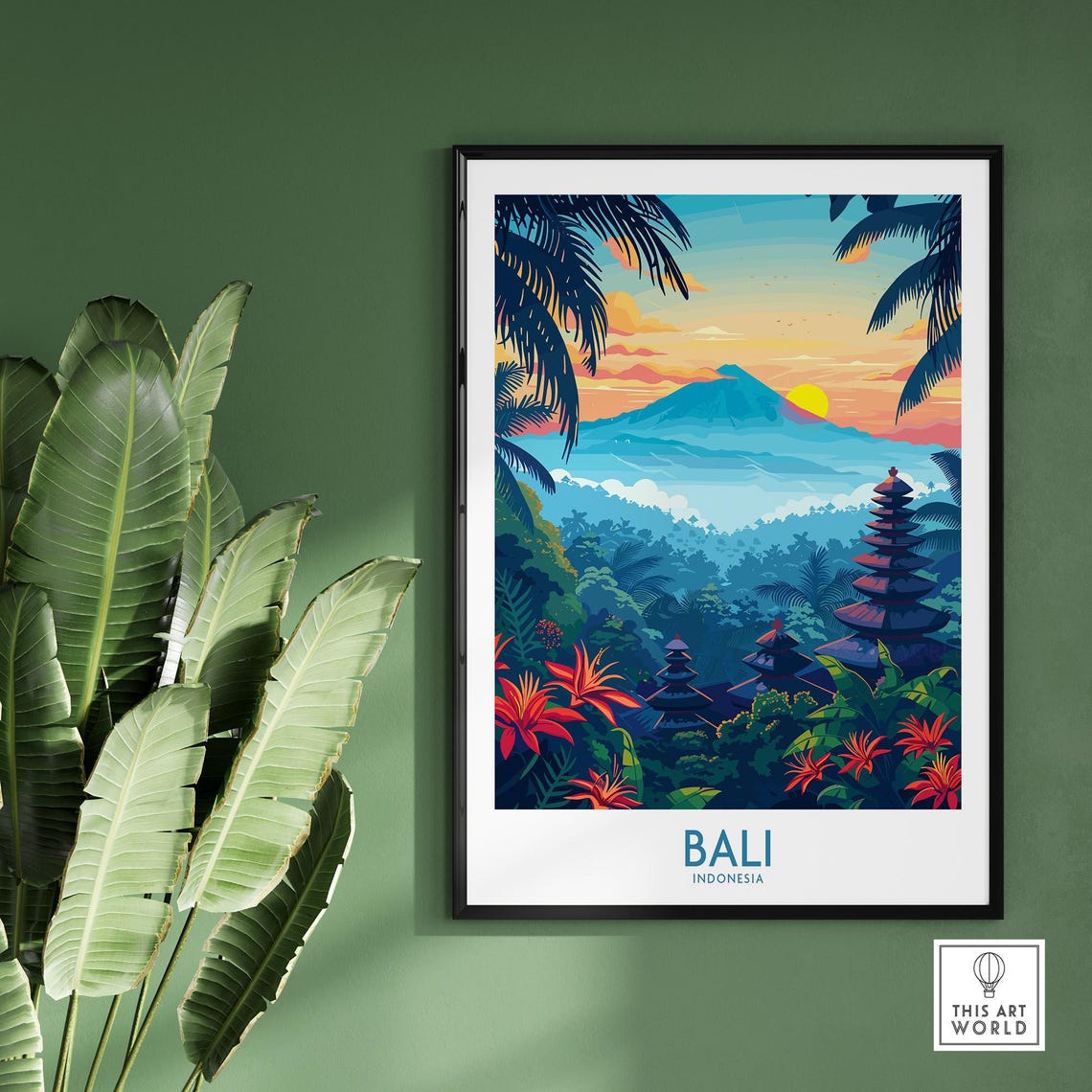 Bali Indonesia Jungle Sunrise Temple Pagoda Bloom Art Poster - Image 2