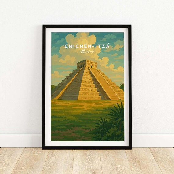 Chichn Itz Mexico El Castillo Pyramid Travel Print Mayan Landscape Poster Wall Art Gift Lovers Illustration