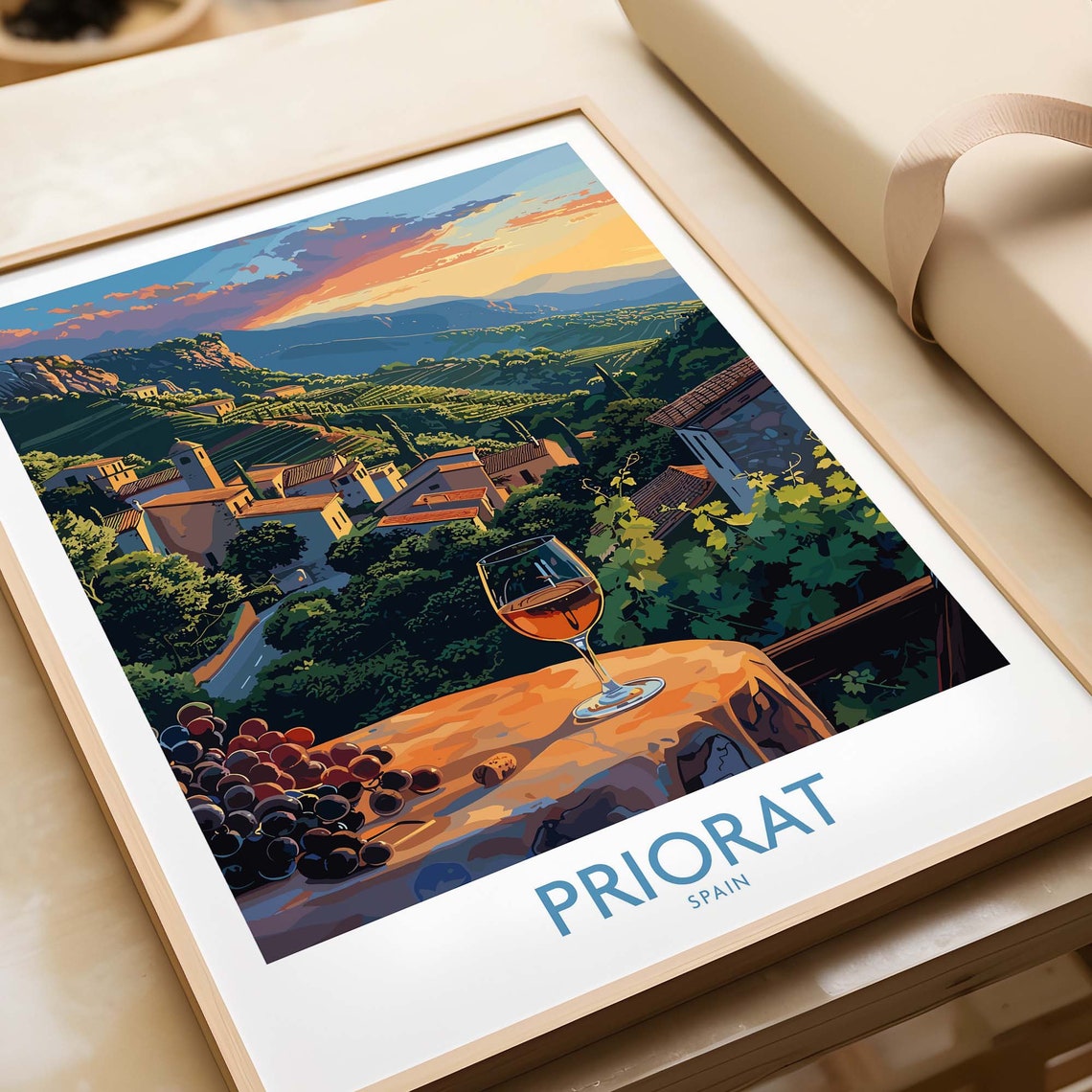 Priorat Spain Rustic Village Grapes Wine Glass Table Scenic Poster