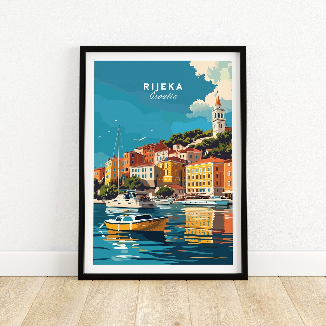Rijeka Croatia Harbor Waterfront Boats Colorful Travel Poster