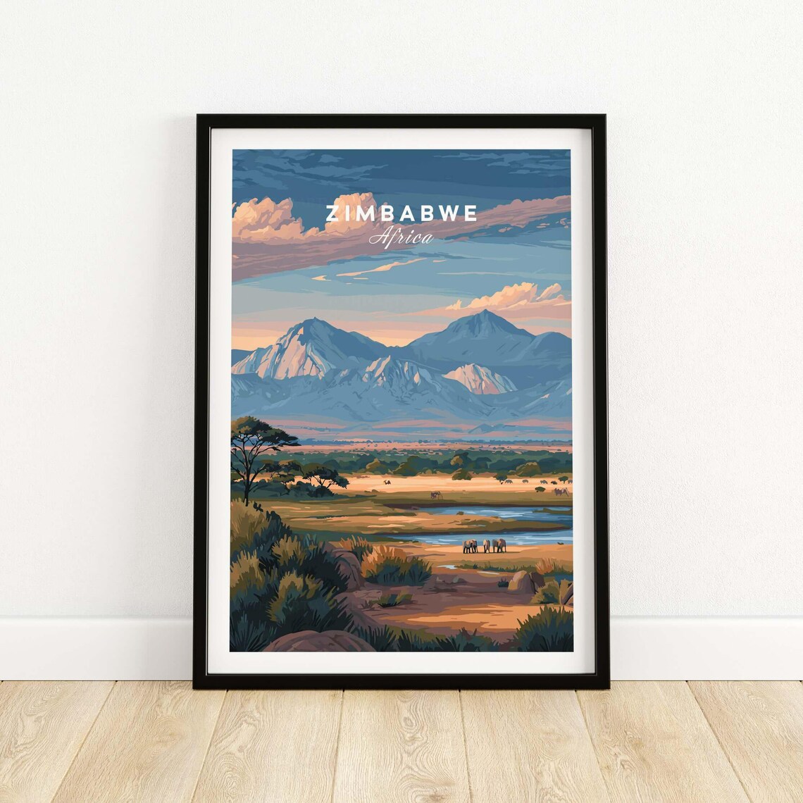 Zimbabwe Africa Safari Poster with Elephants and Mountain Sunset