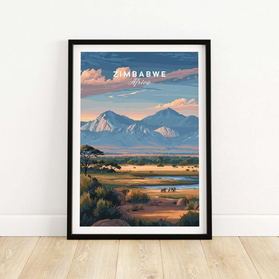 Zimbabwe Safari Art Poster African Wildlife Wall Decor Savanna Animal Print Nature Lover Gift Handcrafted Travel Artwork