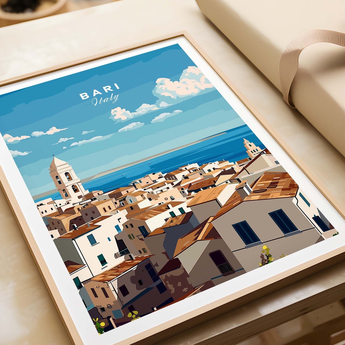 Bari Italy Old Town Rooftops Bell Towers Overlooking Sea Poster