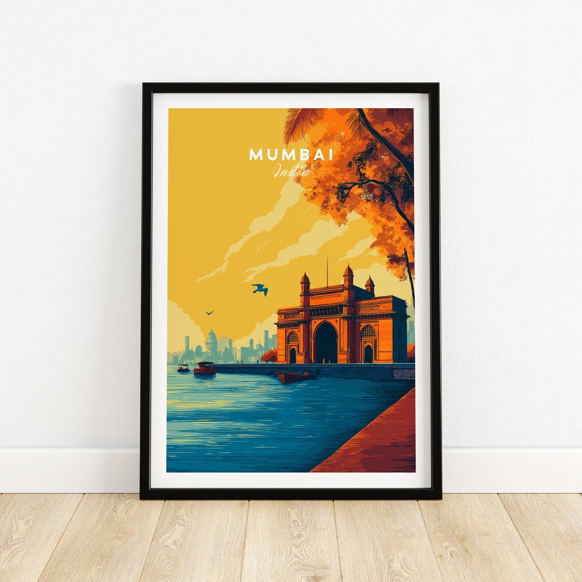 Mumbai India Gateway Of India Golden Sunset Retro Travel Poster