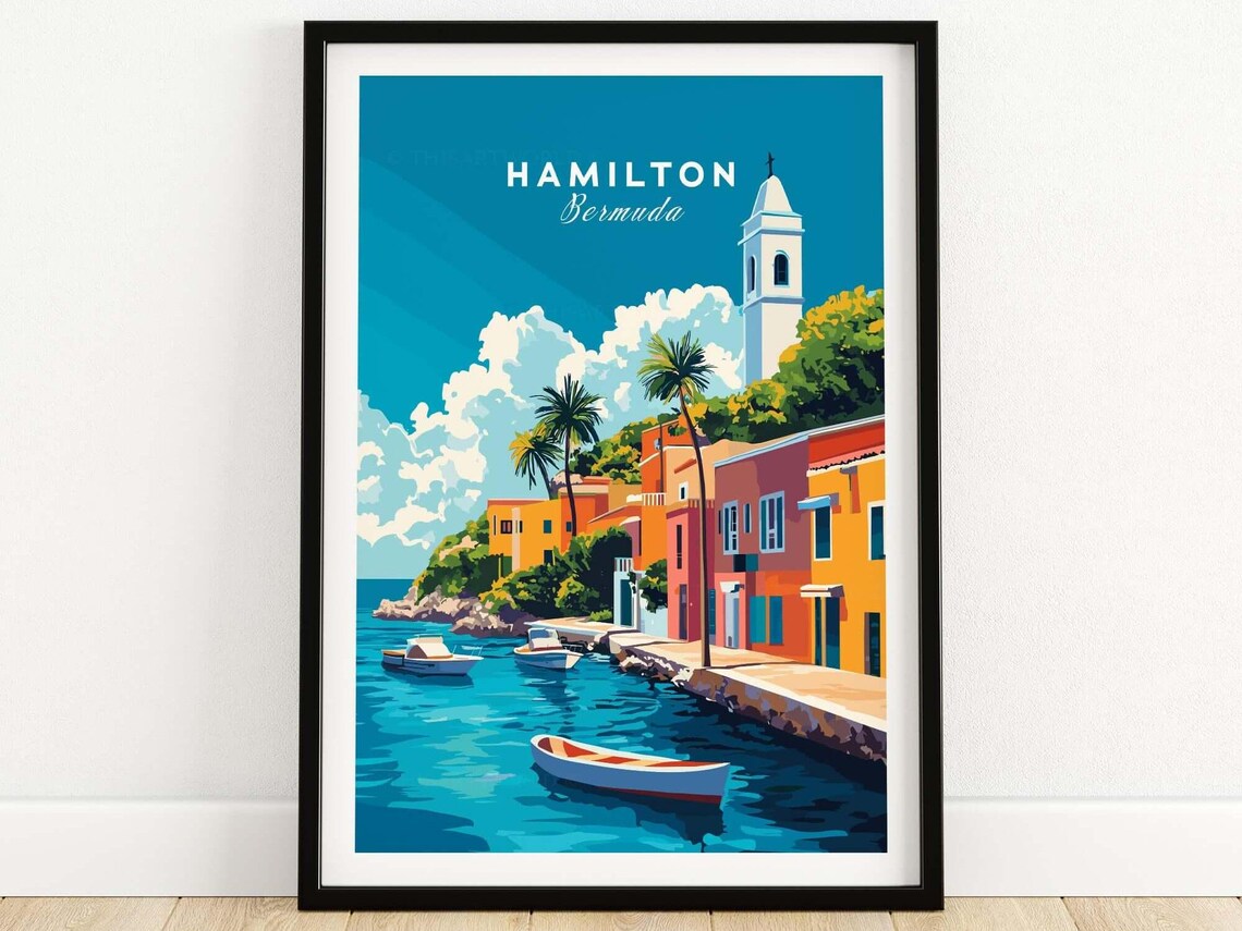 Hamilton Bermuda Colorful Harbor Boats Church Tower Travel Poster