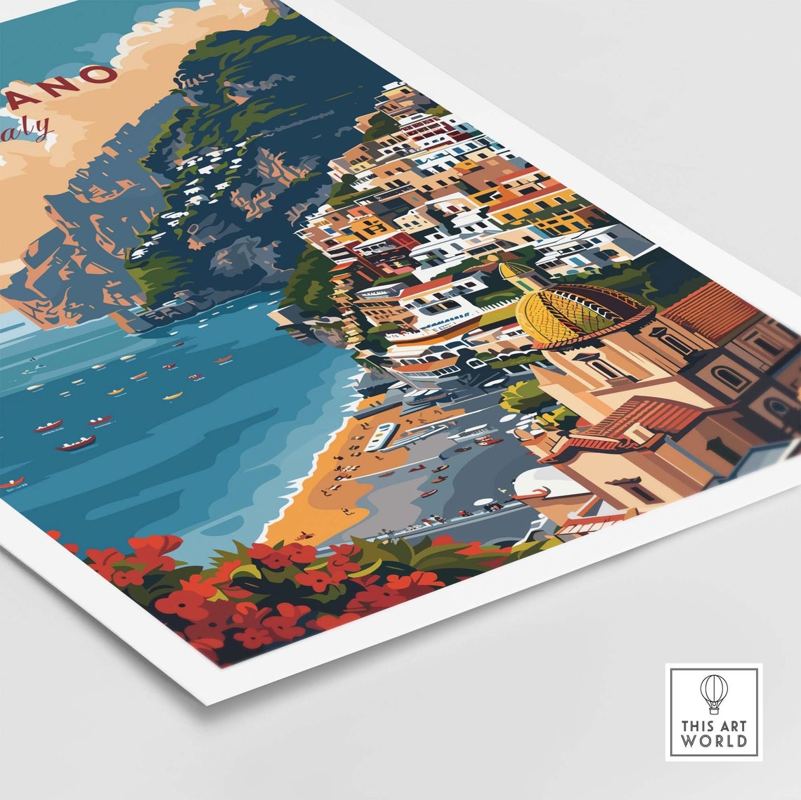 Positano Italy Beach Tiled Dome Church Red Flowers Bay Poster - Image 4