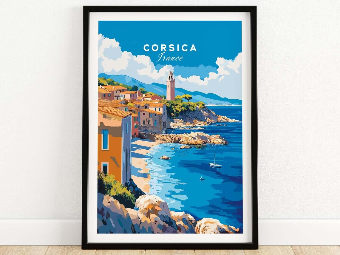Corsica France Coastal Village Tower Over Turquoise Bay Travel Poster