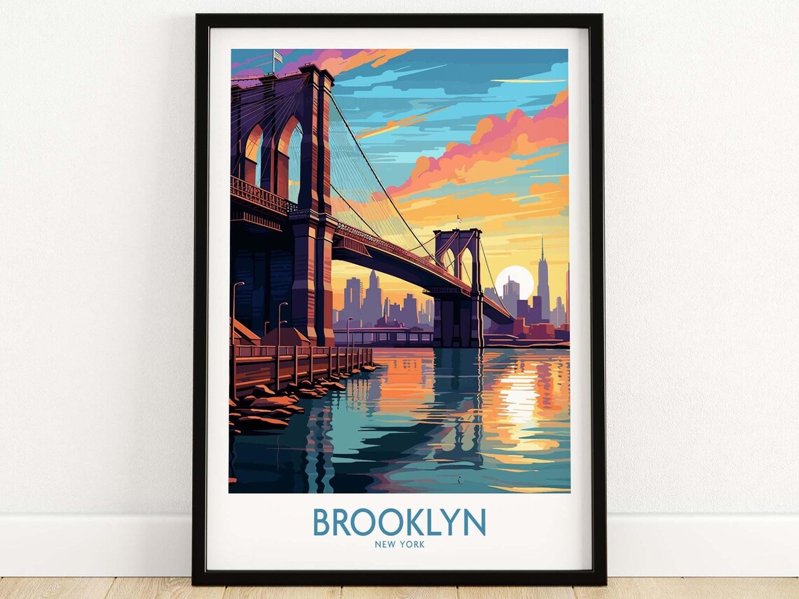 Brooklyn Bridge New York Golden Sunset Skyline Travel Poster