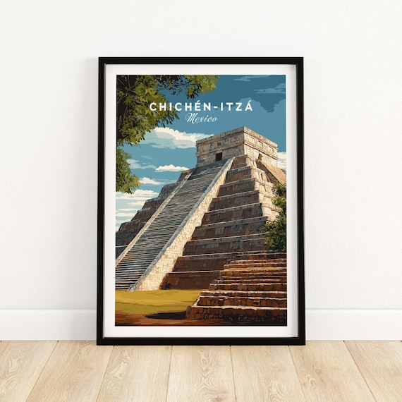 Chichn Itz Mexico Travel Print El Castillo Pyramid Poster Mayan Ruins Wall Art Gift Lovers Illustration