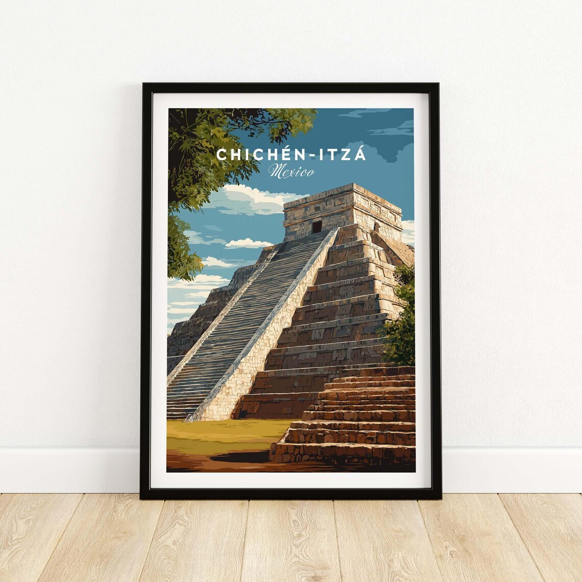 Chichn Itz Mexico Travel Print El Castillo Pyramid Poster Mayan Ruins Wall Art Gift Lovers Illustration