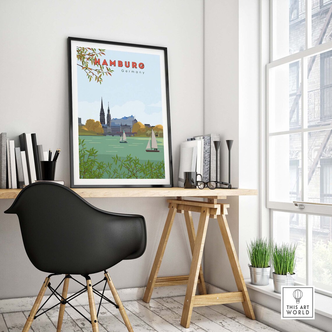Hamburg Germany Vintage Harbor Sailboat Skyline Travel Poster - Image 4