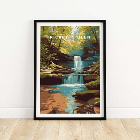 Ricketts Glen State Park Print Waterfall Wall Decor Lush Forest Landscape Vintage Style Artwork Eco Friendly Framed Or Unframed