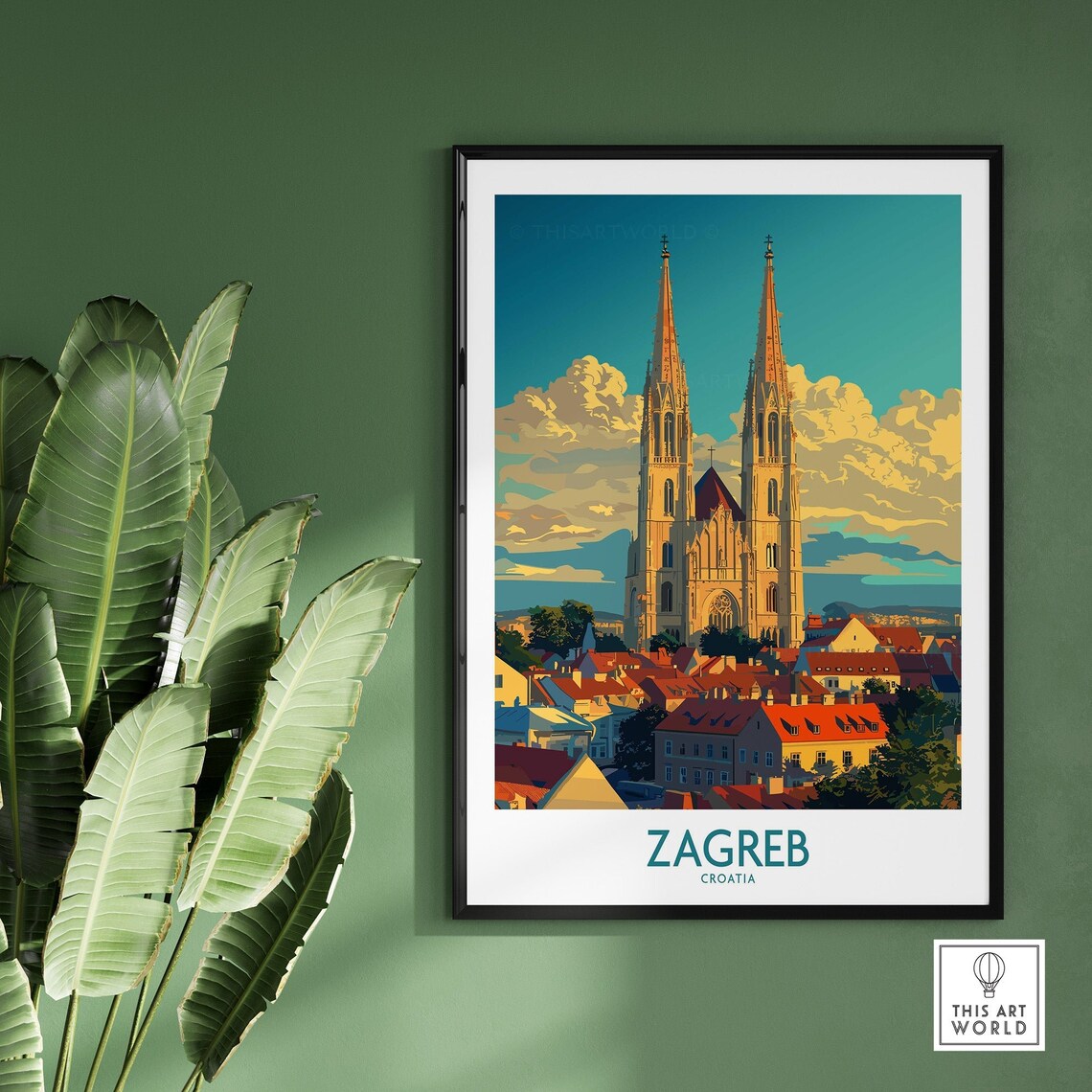 Zagreb Croatia Cathedral Twin Spires Close Up Rooftops Vintage Poster - Image 2