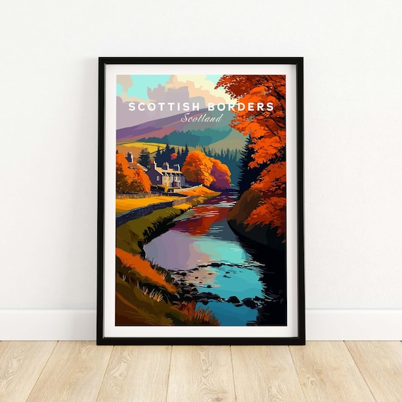 Scottish Borders Autumn River Village Cottages Vintage Travel Poster