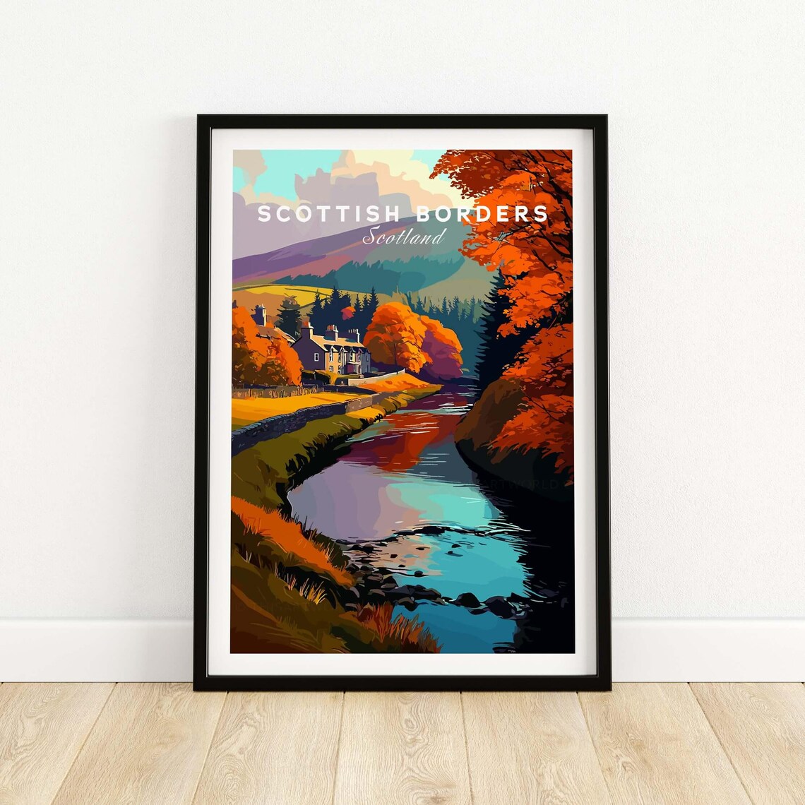 Scottish Borders Autumn River Village Cottages Vintage Travel Poster