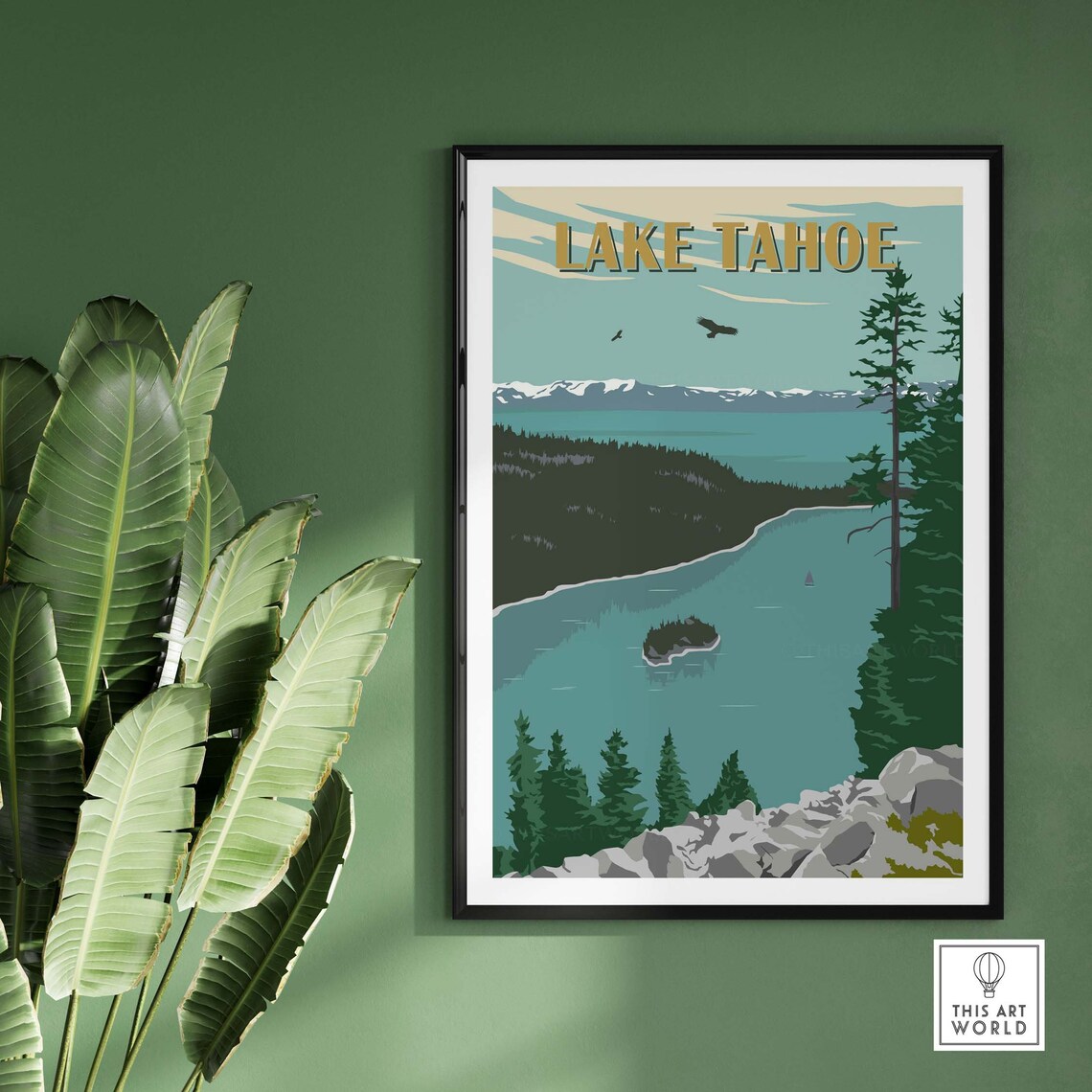 Lake Tahoe Vintage Island Lake Pines Retro Travel Art Poster - Image 2