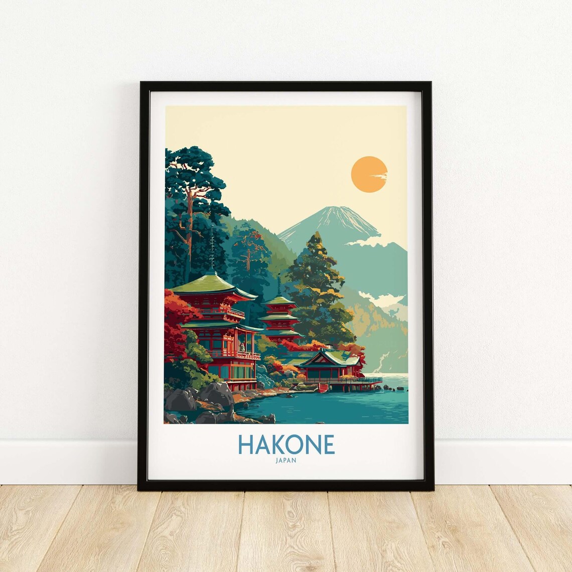 Hakone Japan Temple and Pagoda Lake Ashi Mount Fuji View Travel Poster