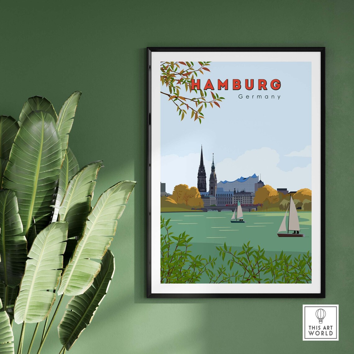 Hamburg Germany Vintage Harbor Sailboat Skyline Travel Poster - Image 3