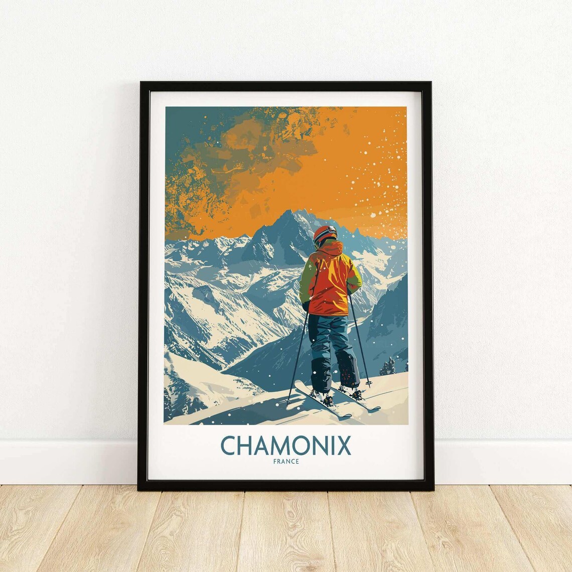 Chamonix France Ski Poster Alpine Skier Sunset Over Snowy Mountains