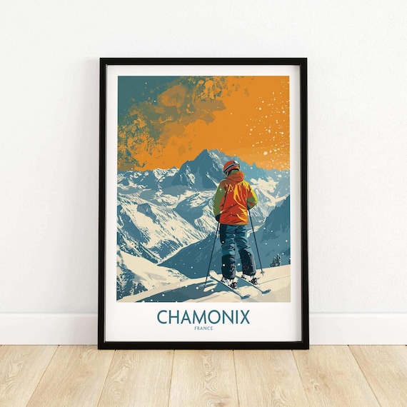 Chamonix France Ski Poster Alpine Skier Sunset Over Snowy Mountains