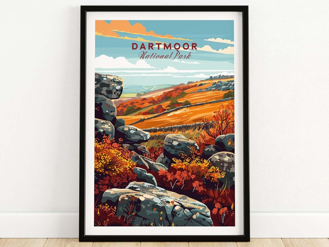 Dartmoor National Park Granite Tor Autumn Vintage Travel Poster